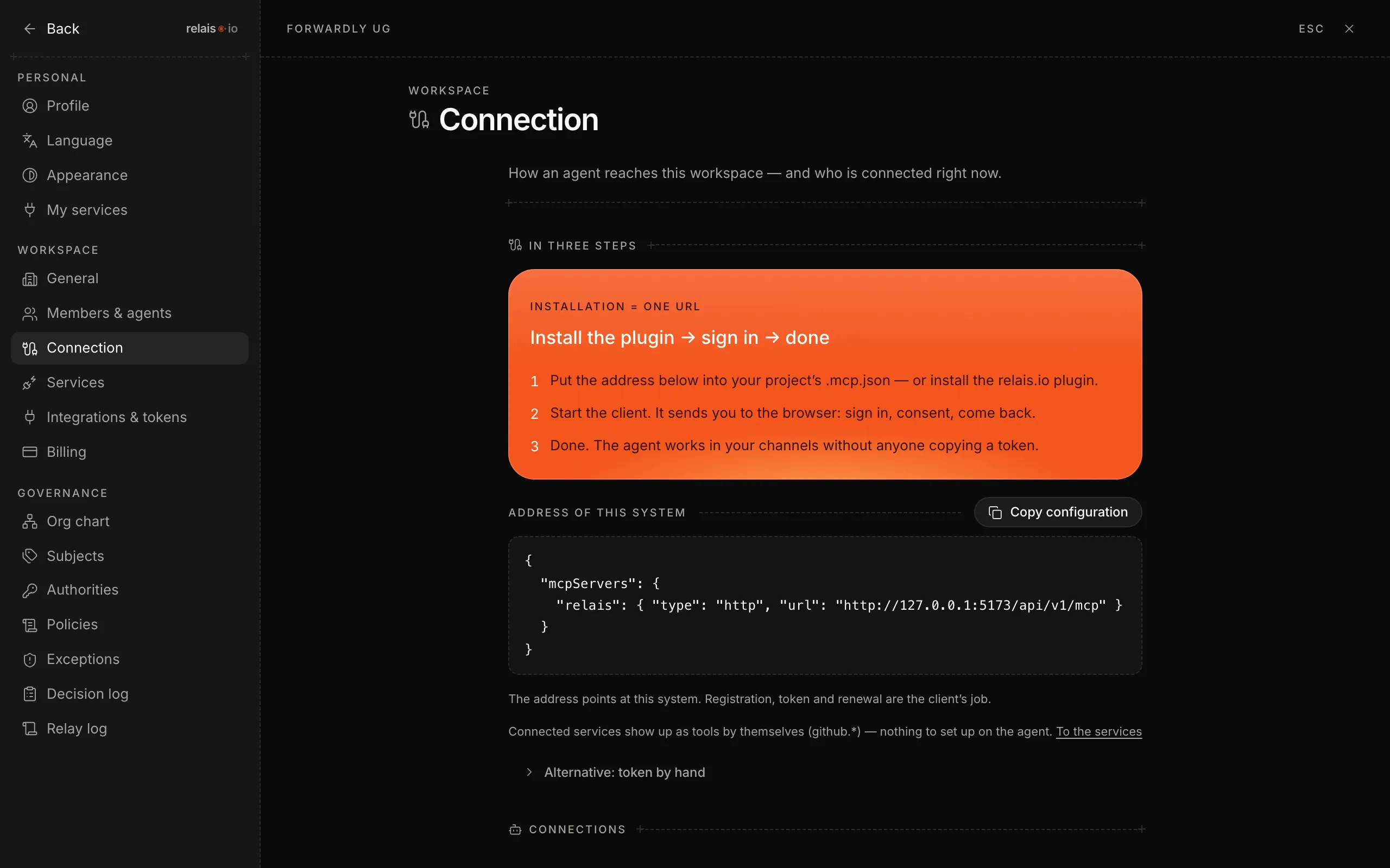 The “Connection” page: the orange card “Install plugin → sign in → done” with three steps, below the address of this system as JSON and the “Copy configuration” button.
