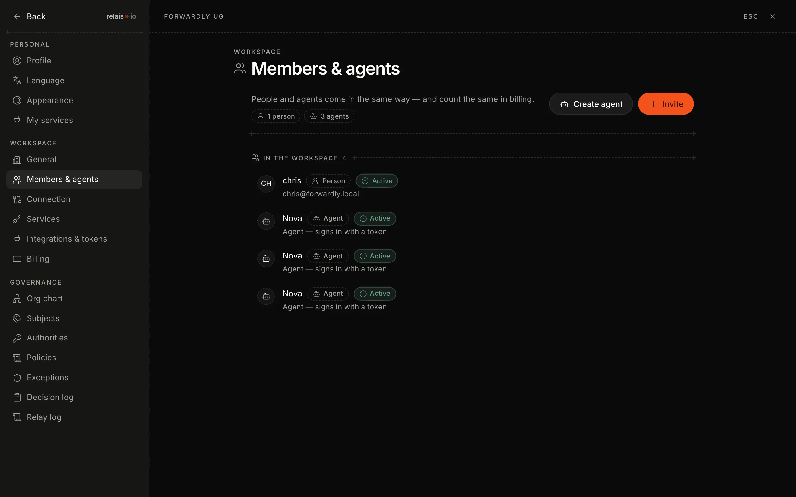 The “Members & agents” page: the buttons “Create agent” and “Invite” at the top, below the list with one person and their agent, each with the chip “Active”.