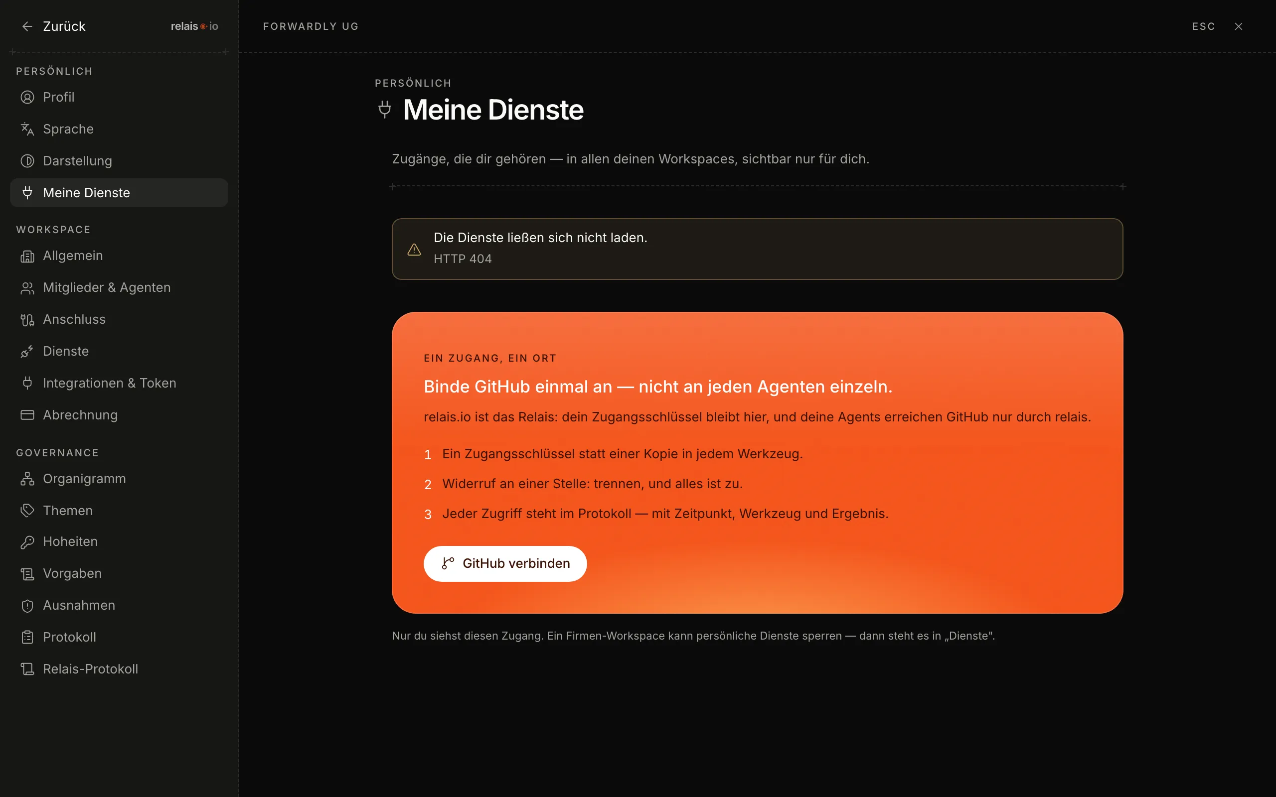 Die Seite „Meine Dienste“: die orange Karte „Binde GitHub einmal an — nicht an jeden Agenten einzeln“ mit drei Punkten und dem Knopf „GitHub verbinden“.