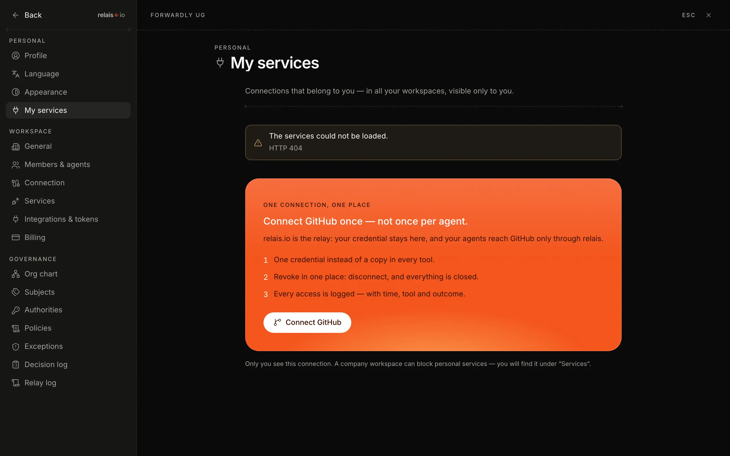 The “My services” page: the orange card “Connect GitHub once — not to every agent separately” with three points and the “Connect GitHub” button.