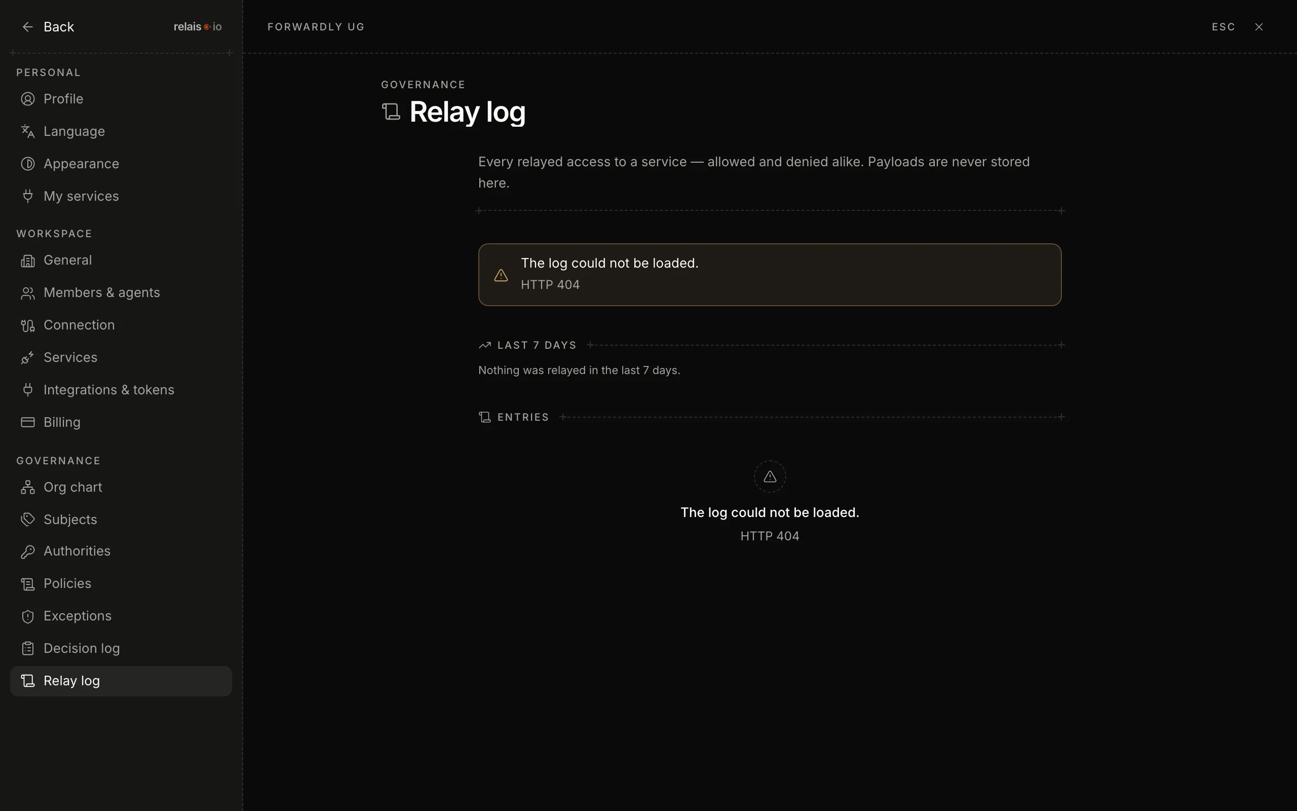 The relay log: a table of accesses with time, agent, service, tool and result.