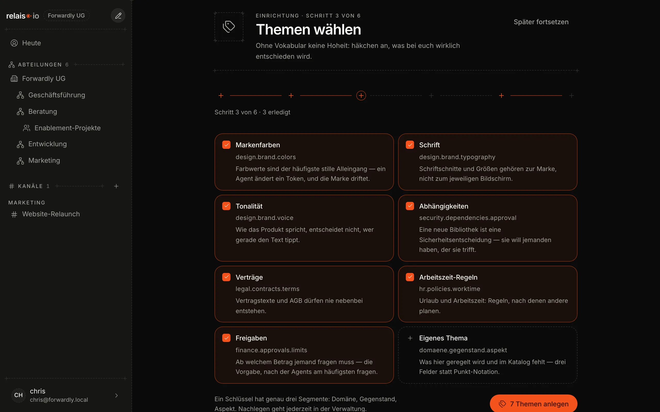 Schritt 3 der Einrichtung: eine Auswahl von Themen als Karten mit Häkchen, unten der Knopf „7 Themen anlegen“.