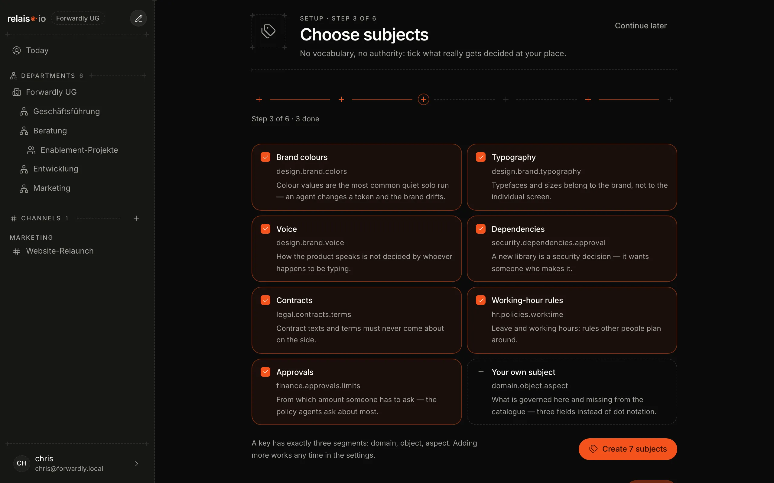 Step 3 of the setup: a selection of topics as cards with checkboxes, at the bottom the button “Create 7 topics”.